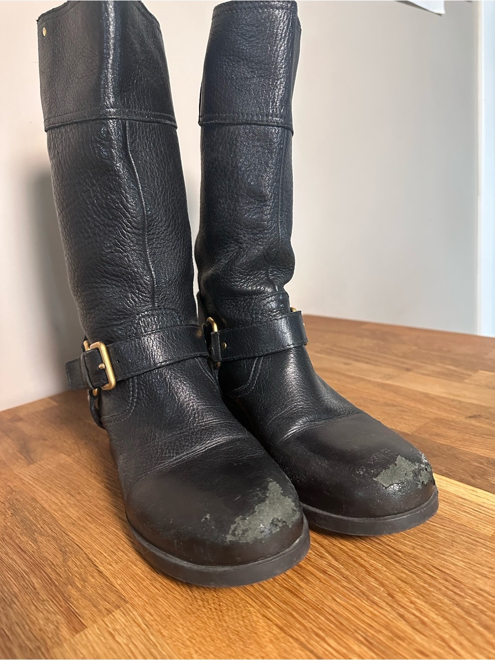 Black Leather Mid-Calf Riding Boots with Gold Buckle Detail - Picture 2 of 4